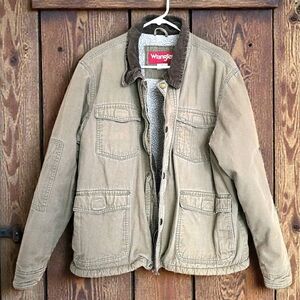 Vintage Wrangler Barn Jacket Olive Khaki Sherpa Fleece Lining Chore Workwear / L